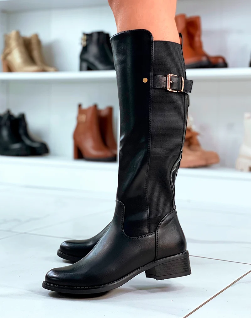 Bottes noires à petits talons bi-matière et à détails dorés