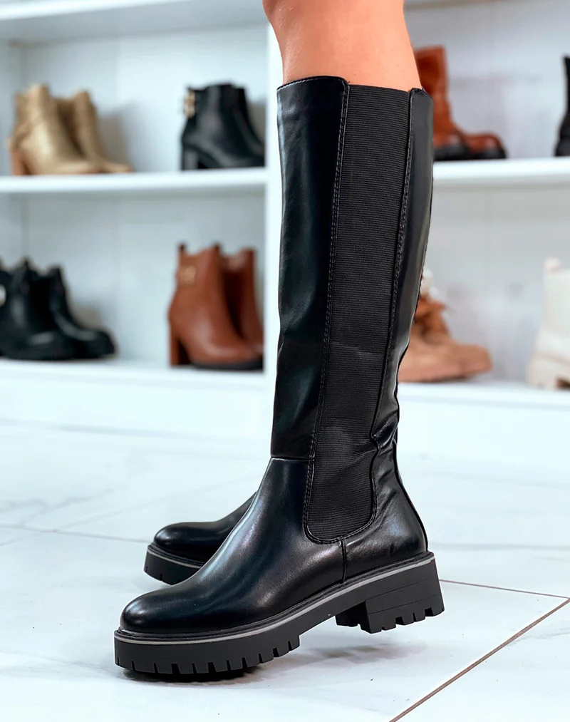 Bottes noires style chelsea montantes bi-matière a bout rond