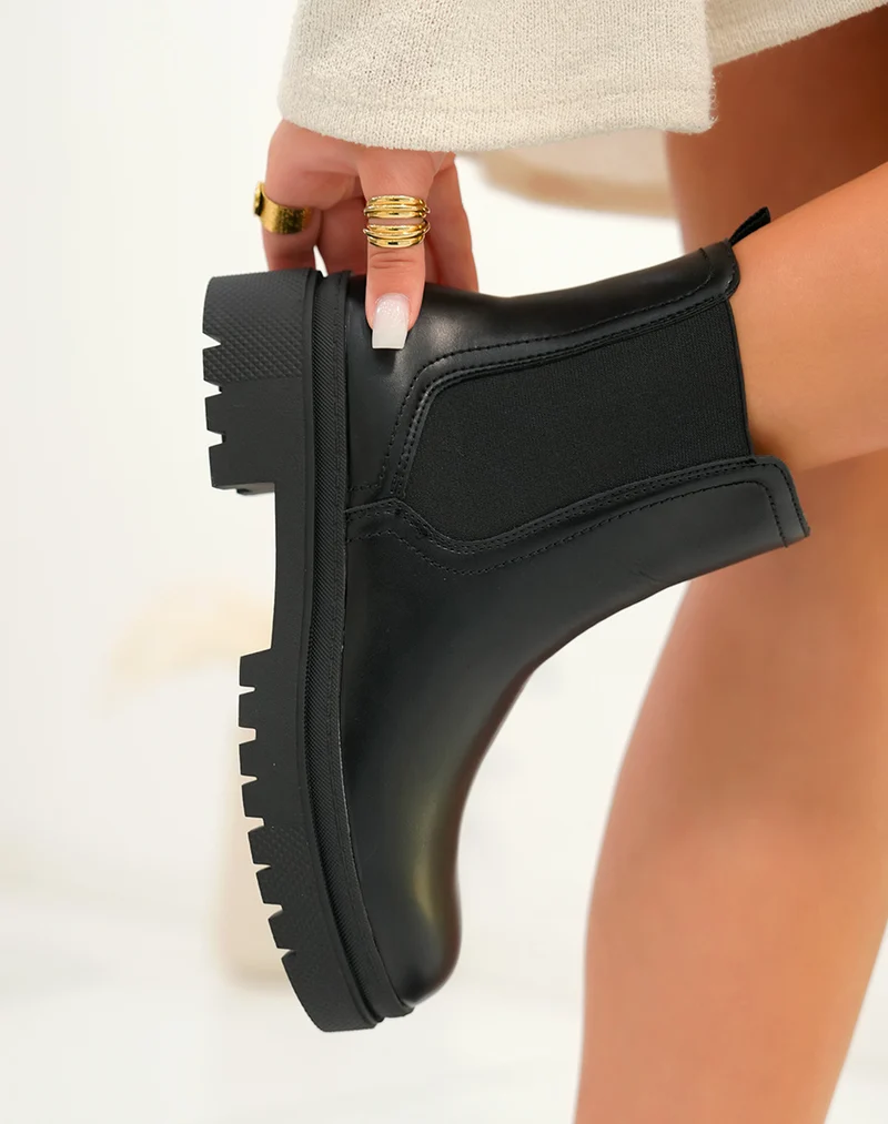Noir Éclatant : Bottines Chelsea Plateforme Femme