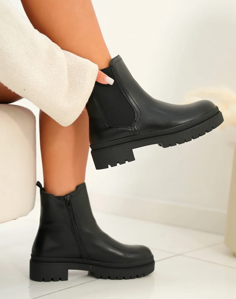 Noir Éclatant : Bottines Chelsea Plateforme Femme