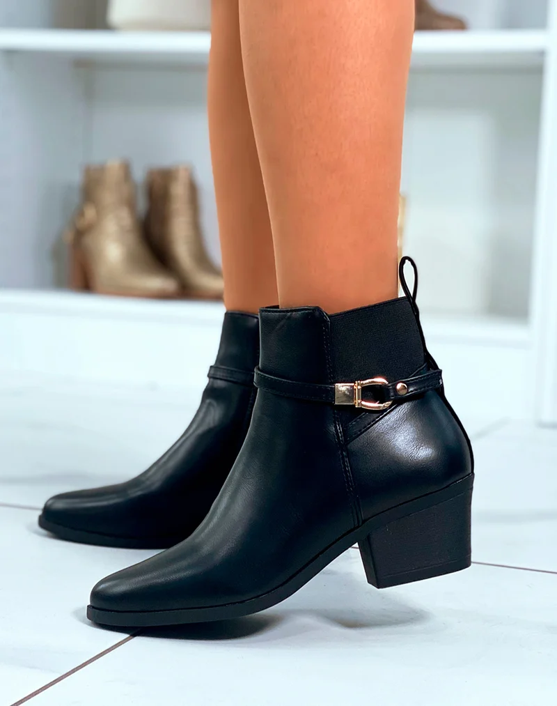 BOTTINES BI-MATIÈRE NOIRES À TALONS MOYEN