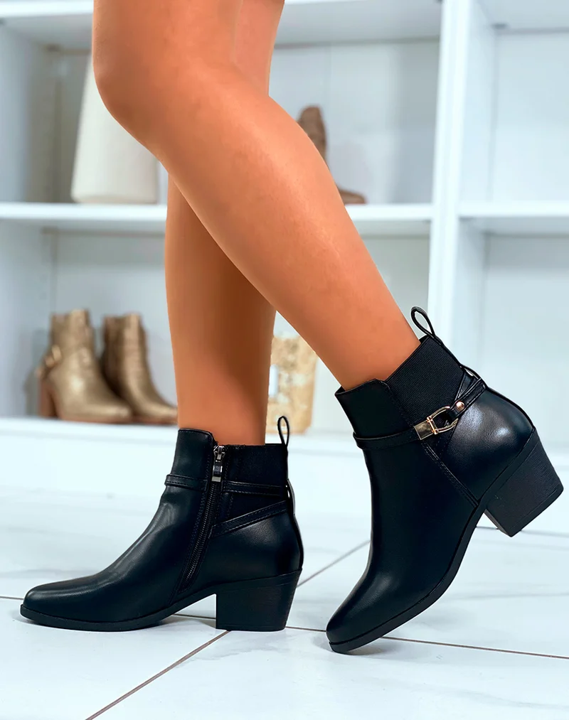 BOTTINES BI-MATIÈRE NOIRES À TALONS MOYEN