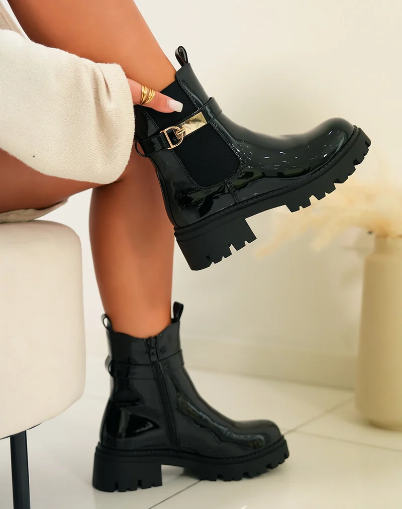 BOTTINES NOIRES VERNIES STYLE CHELSEA ? LANI?RES DOR?ES POUR FEMME