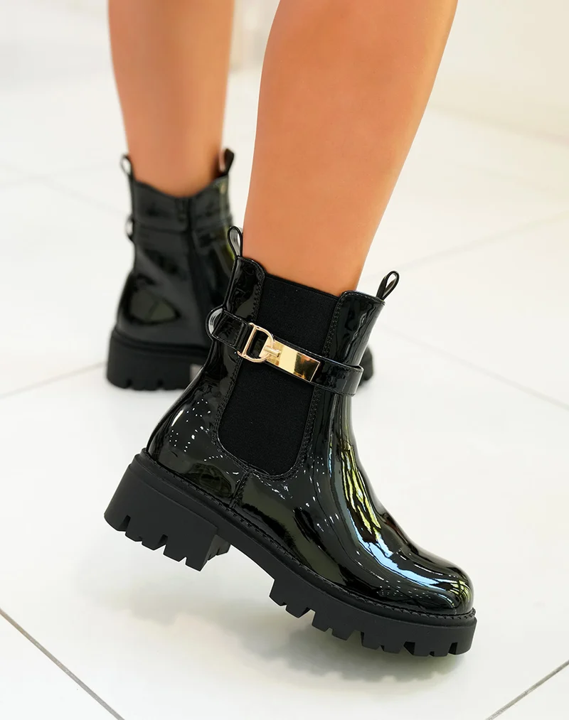 BOTTINES NOIRES VERNIES STYLE CHELSEA ? LANI?RES DOR?ES POUR FEMME