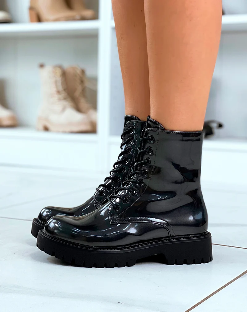 BOTTINES MONTANTES GRIS FONCÉ PAILLETÉES À LACET AVEC SEMELLE CRANTÉE