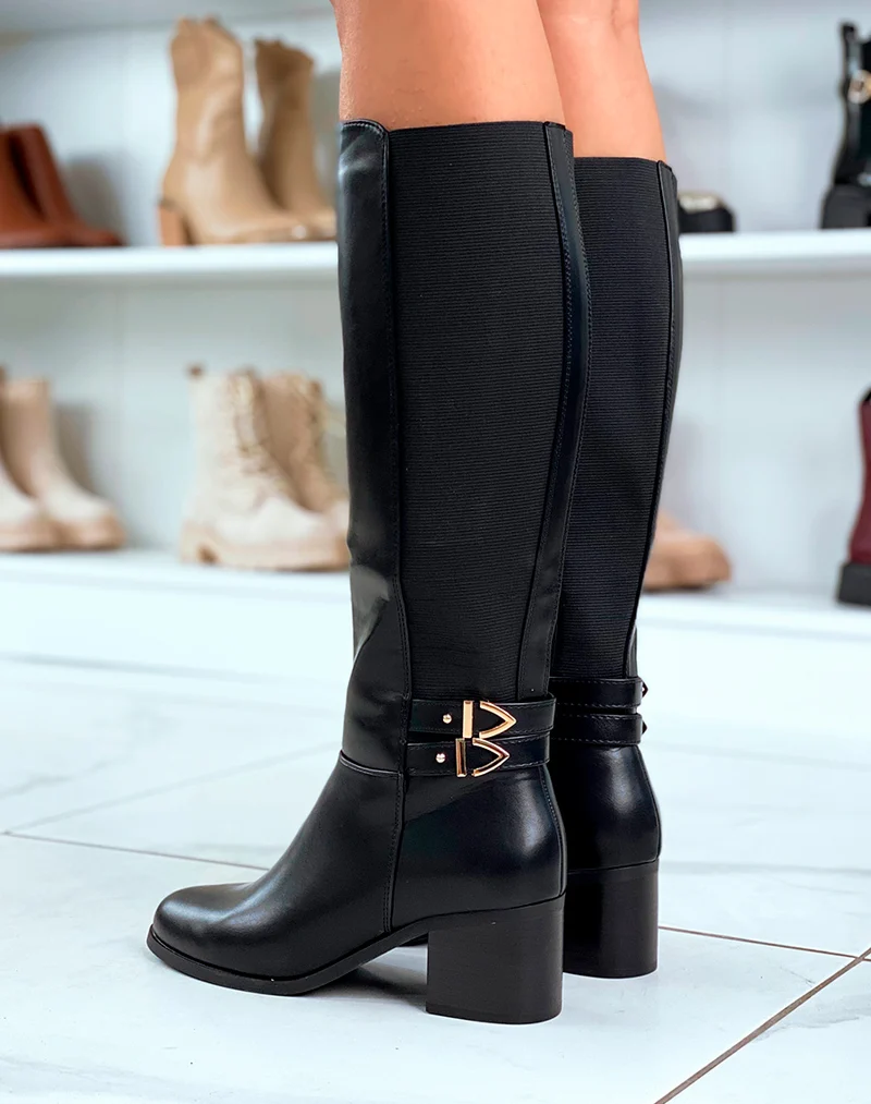 Bottes Noires Bi-Matière : Détails Dorés et Conception Élégante