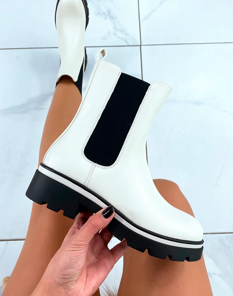 BOTTINES BEIGES MONTANTE STYLE CHELSEA AVEC SEMELLE CRANTÉE POUR FEMME