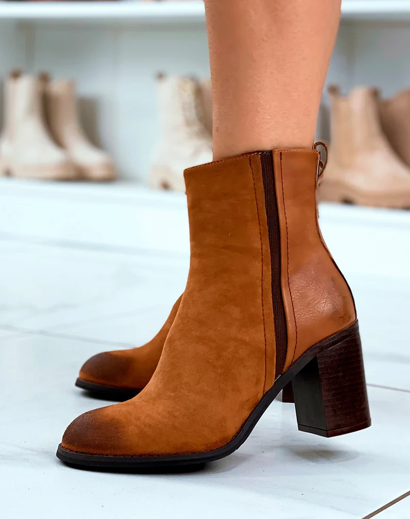 Bottines bi-matières camel en suédine à talon pour femme
