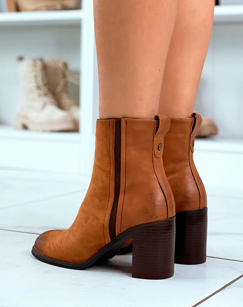 Bottines bi-matières camel en suédine à talon pour femme