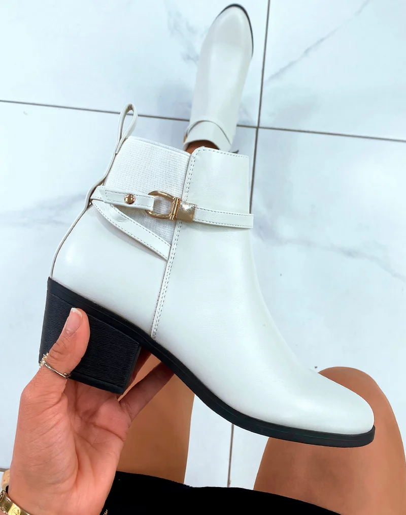 BOTTINES BI-MATIÈRE BEIGE À TALONS MOYEN