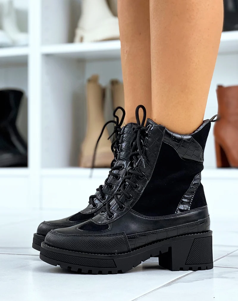Bottines montantes noires bi-matières