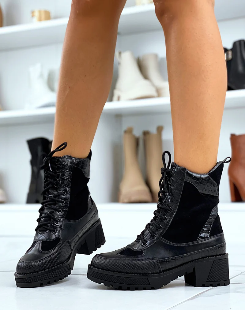 Bottines montantes noires bi-matières