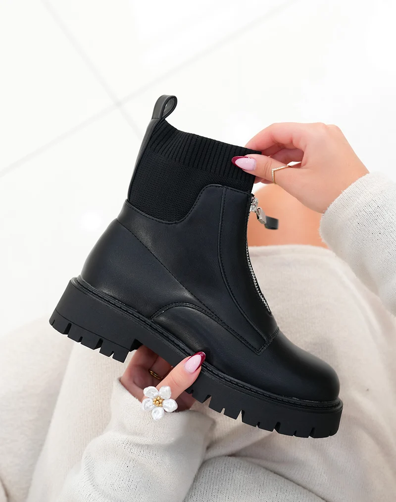 Bottines femme noires effet chaussettes avec fermeture zippée et semelle crantée
