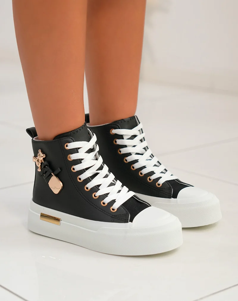 Baskets femme montantes noires à lacets avec détail ourson doré et semelle épaisse