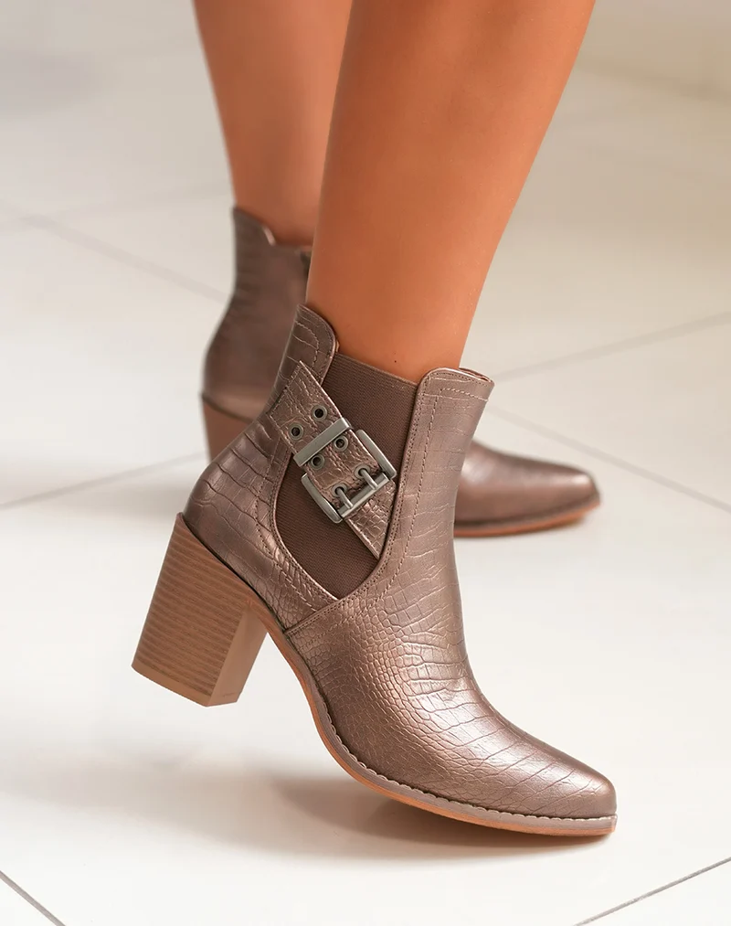 Bottines femme bronze texturées avec talon et sangles argentées