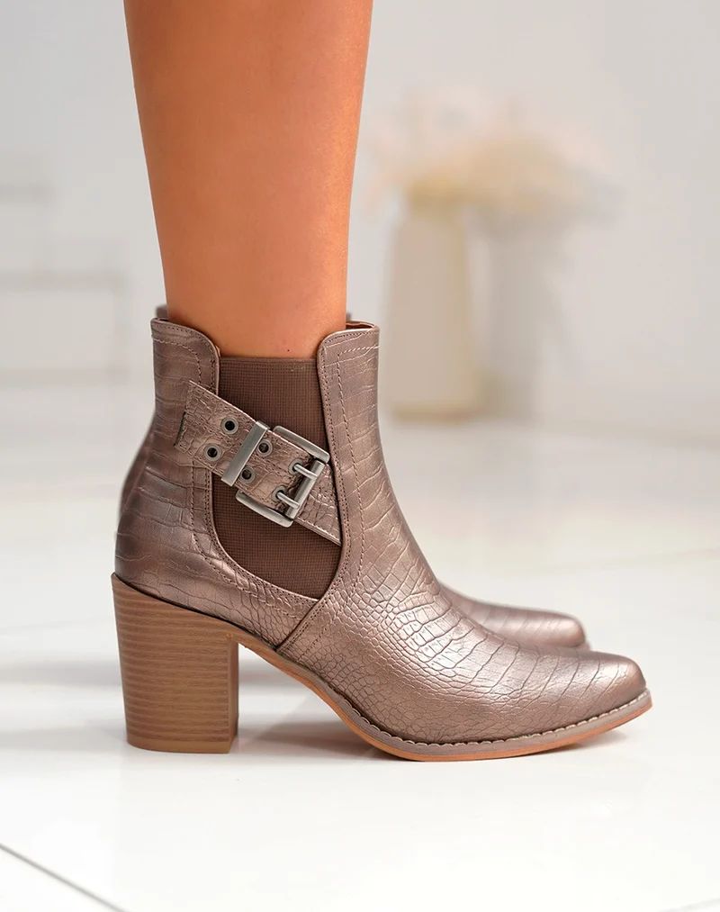 Bottines femme bronze texturées avec talon et sangles argentées