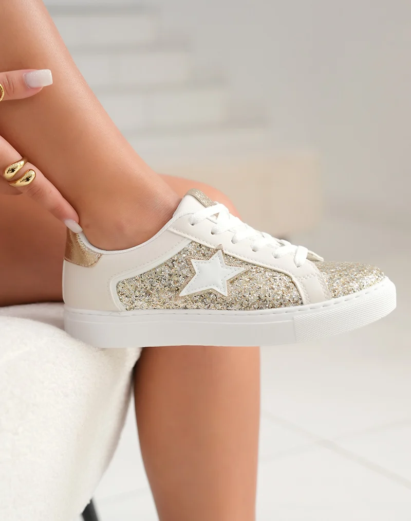 Basket femme blanche et dorée avec paillettes et étoile blanche