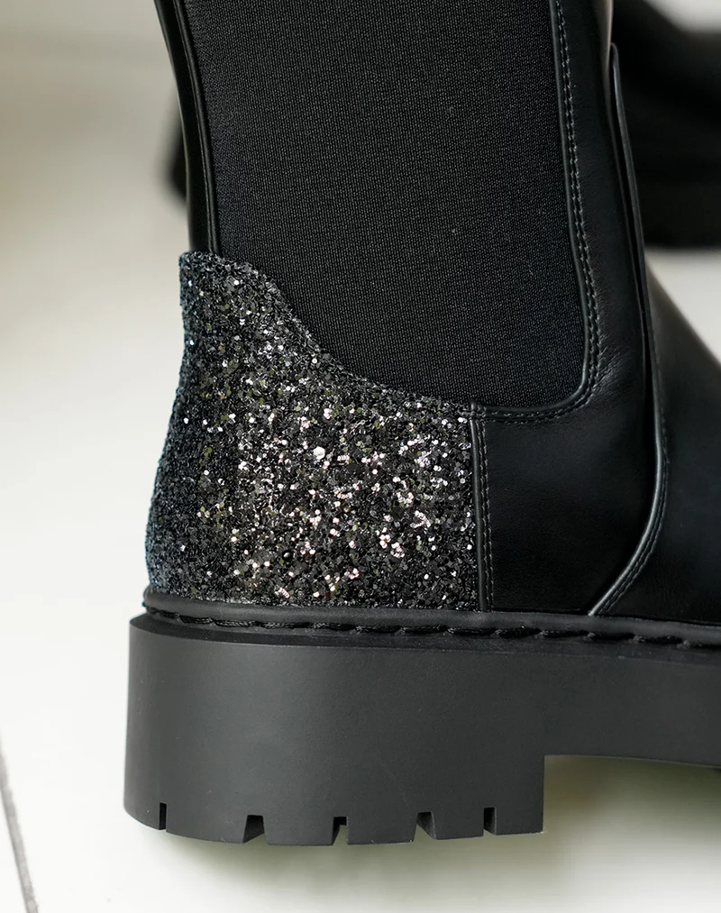 Bottines Femme Bi-Matière Noires à Empiècement Pailleté