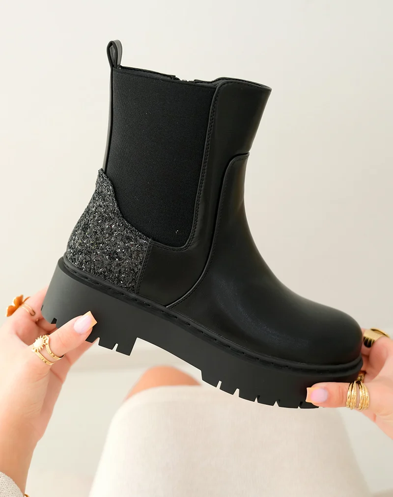 Bottines Femme Bi-Matière Noires à Empiècement Pailleté