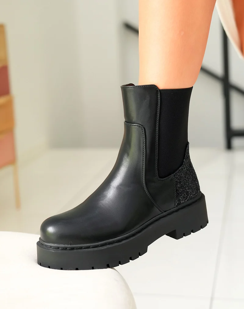 Bottines Femme Bi-Matière Noires à Empiècement Pailleté
