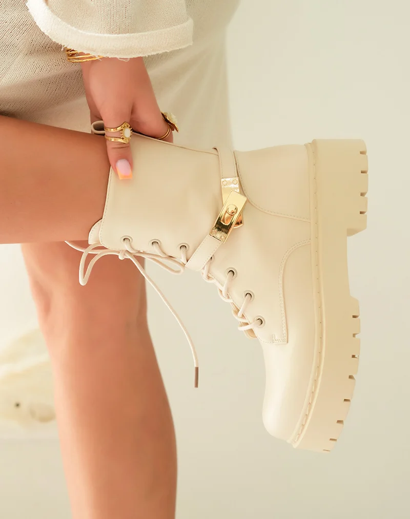 Bottines Montantes Beige Femme à Semelle Crantée avec Détails Dorés