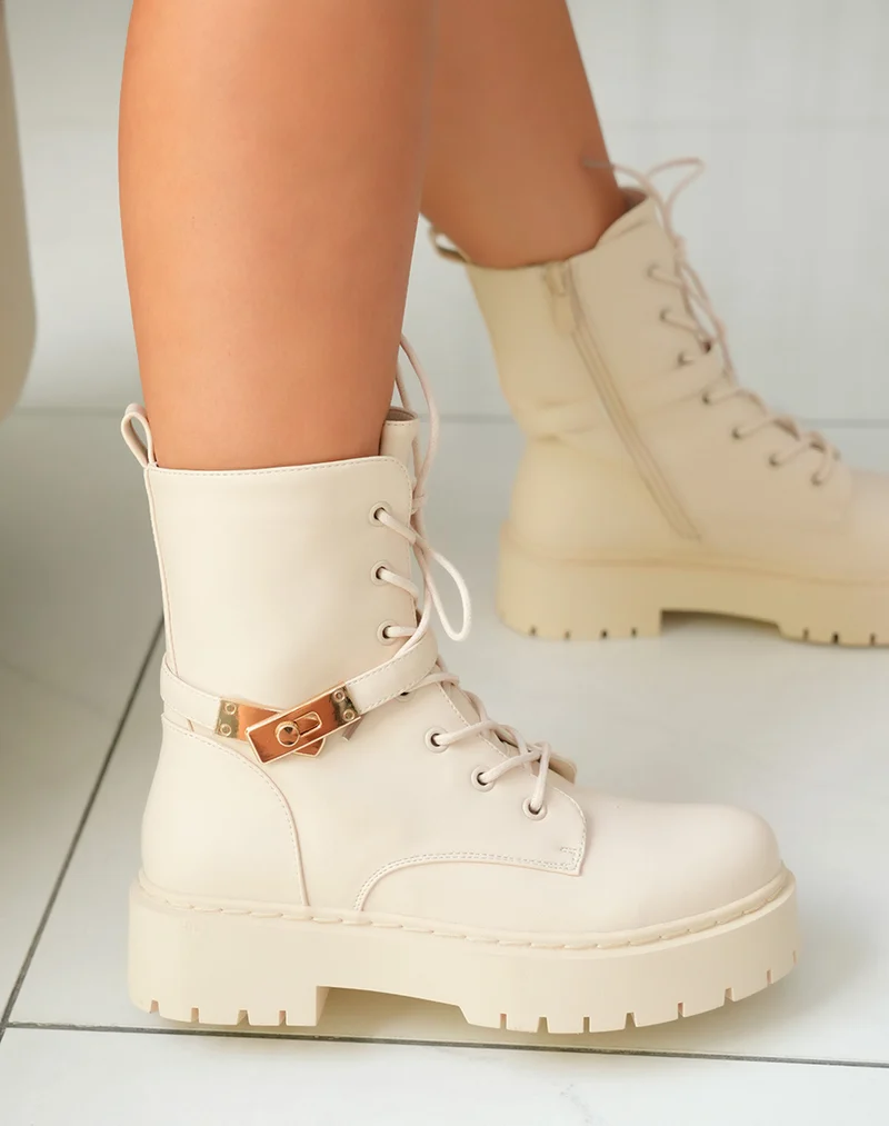 Bottines Montantes Beige Femme à Semelle Crantée avec Détails Dorés