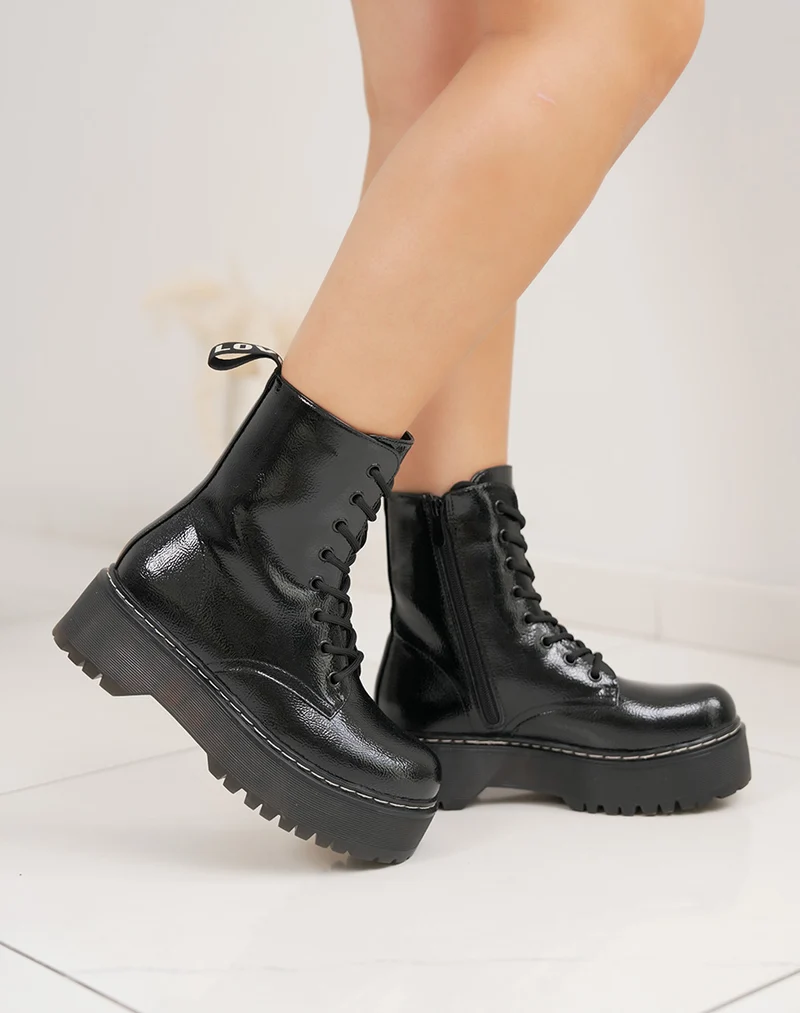 Bottes Rangers Vernies Femme Noires à Plates-Formes
