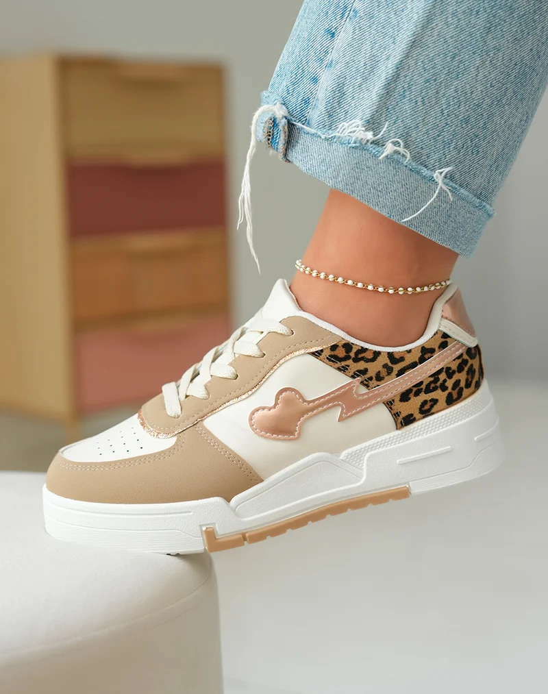 Baskets Femme Beige Foncé et Léopard