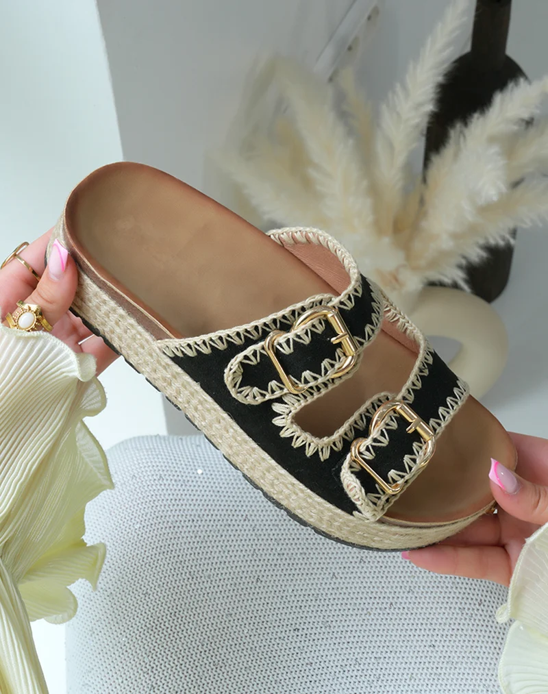 Mules femme en suédine noire à double bride et plateforme en jute