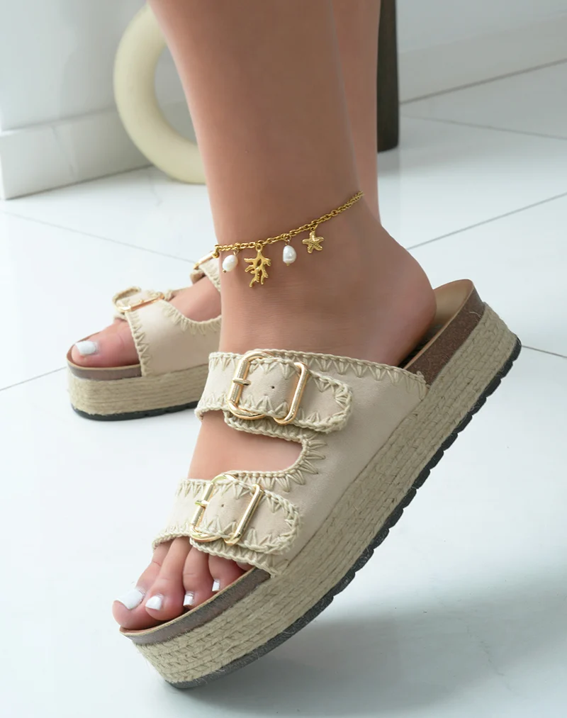 Mules femme en suédine beige à double bride et plateforme en jute