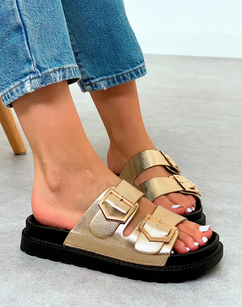 Mules Femme Dorées Chic à Double Sangle et Boucle Dorée