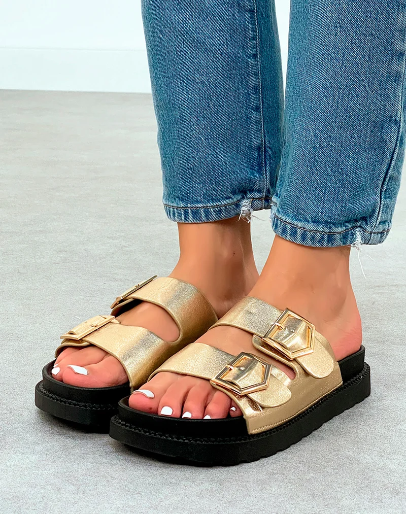 Mules Femme Dorées Chic à Double Sangle et Boucle Dorée