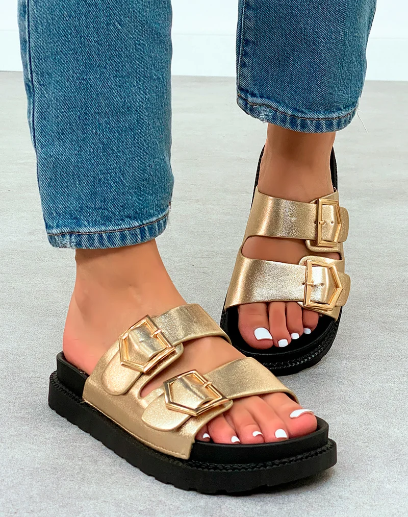 Mules Femme Dorées Chic à Double Sangle et Boucle Dorée
