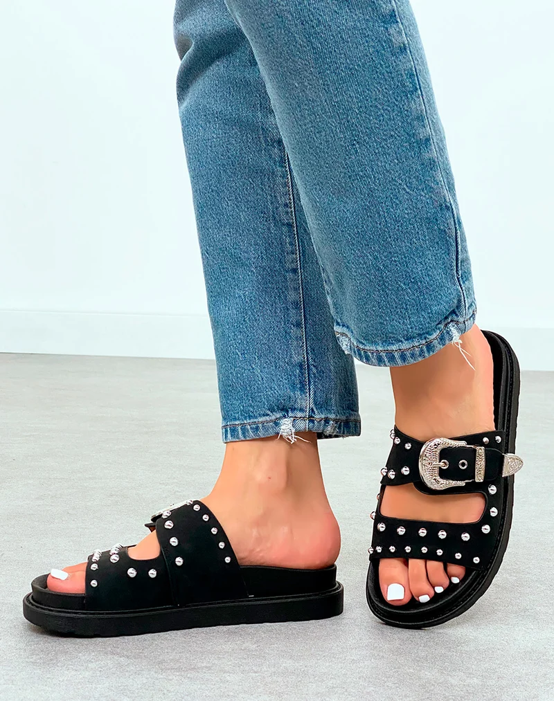Sandale Plateforme Femme Noires Cloutées à Sangle Argentée