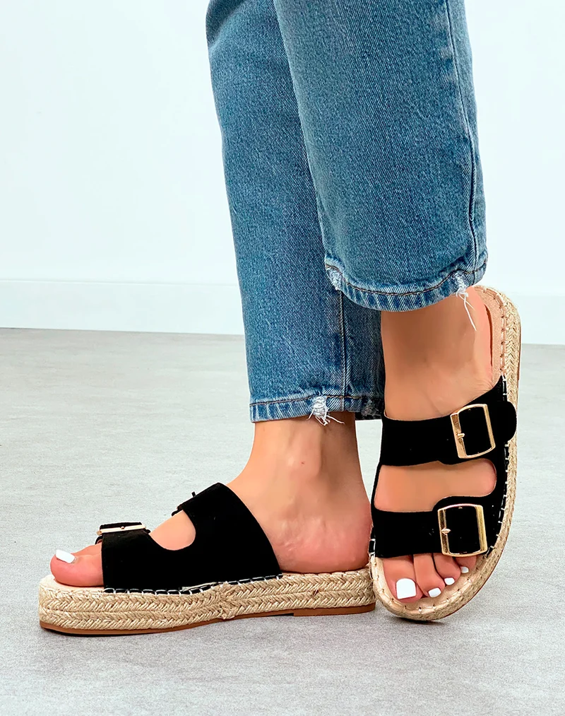 Mules Femme Noires en Suédine avec Semelle en Corde – L'Essentiel Chic et Confortable