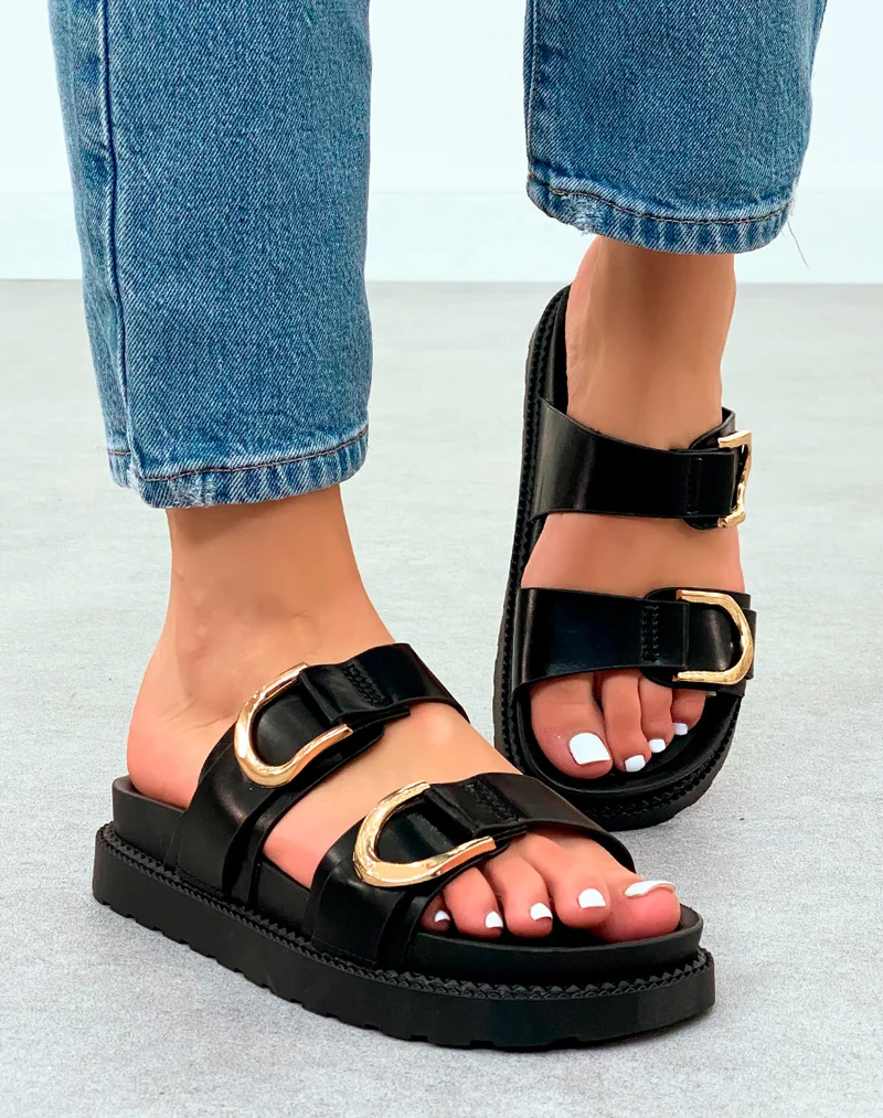 Mules Noires Classiques avec Double Sangle et Boucles Dorées – Un Essentiel Revisité