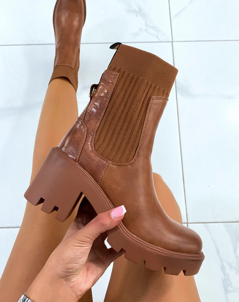 Bottines camel bi-matière style chelsea à talon