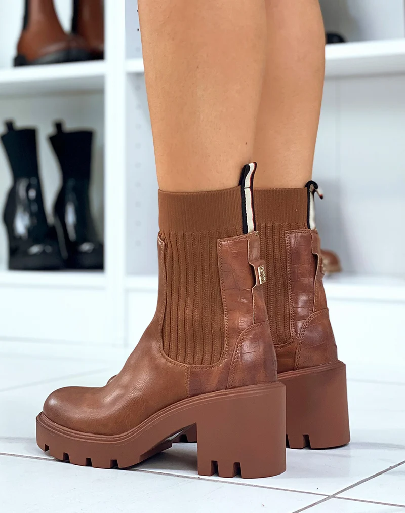 Bottines camel bi-matière style chelsea à talon