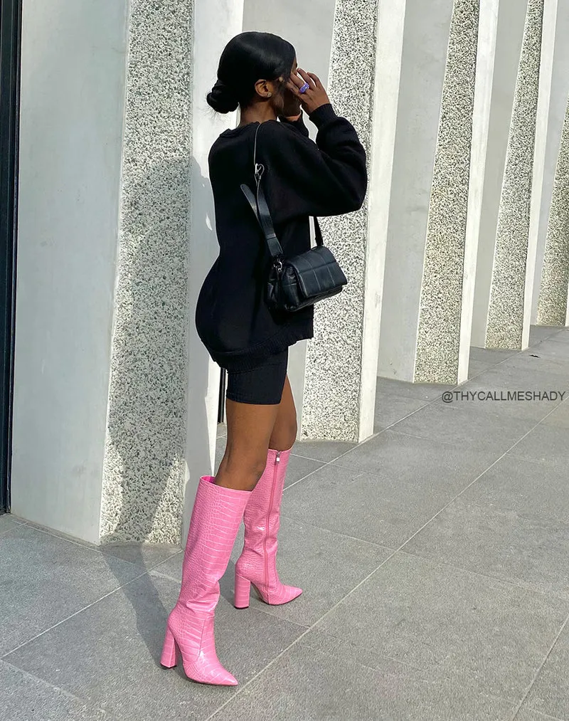 Bottes roses pointues effet croco à talon