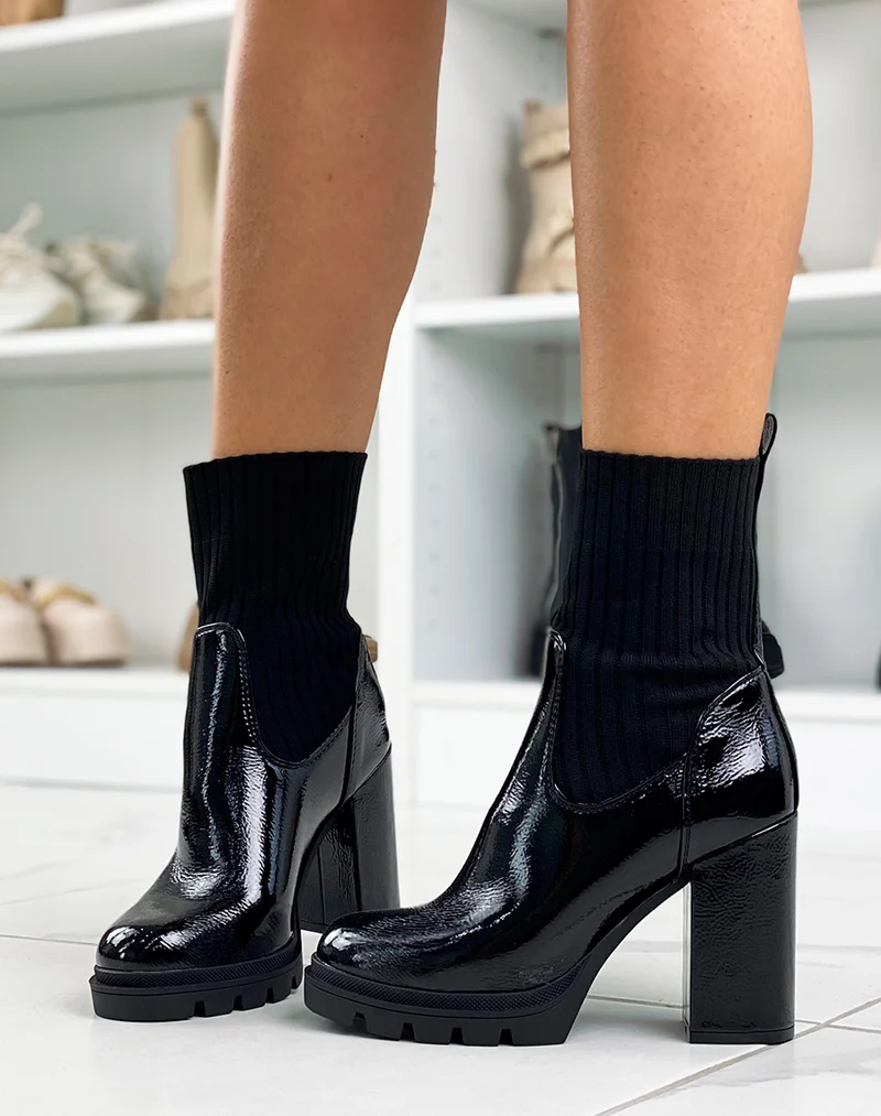 Bottines noires vernies effet chaussette à talon