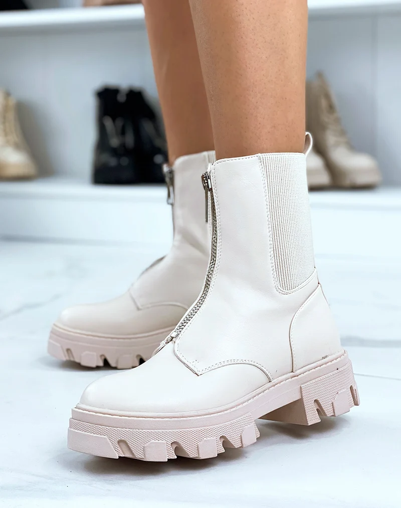 Bottines beiges montantes zipées