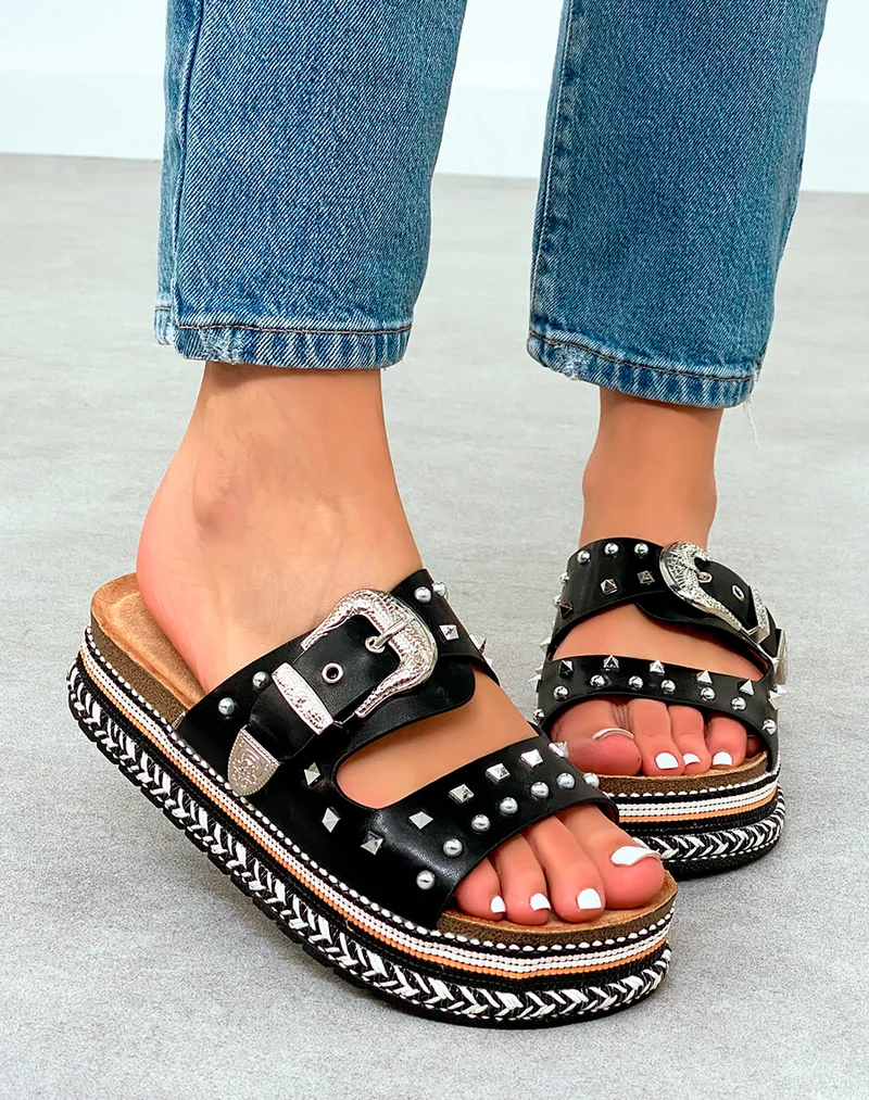 Mules Femme Noires Cloutées à Plateforme Tissée Noir et Blanc