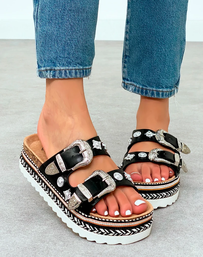 Mules Plateforme Femme Noires Bijoux Argentés et Tissage Ethnique