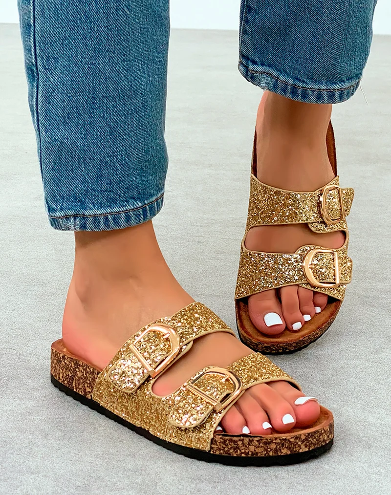 Sandales Mules Femme Dorées Pailletées avec Semelle Confort