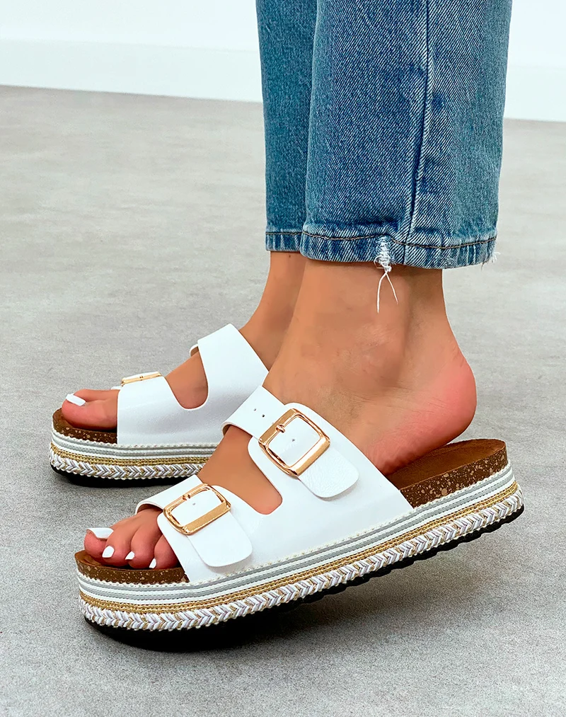 Sandales Plateforme Femme Blanches Tendance à Double Sangle Dorée