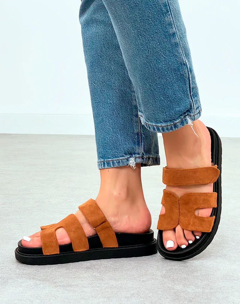 Mules Camel Modernes avec Bride en H et Fermeture Scratch ? Confort Urbain