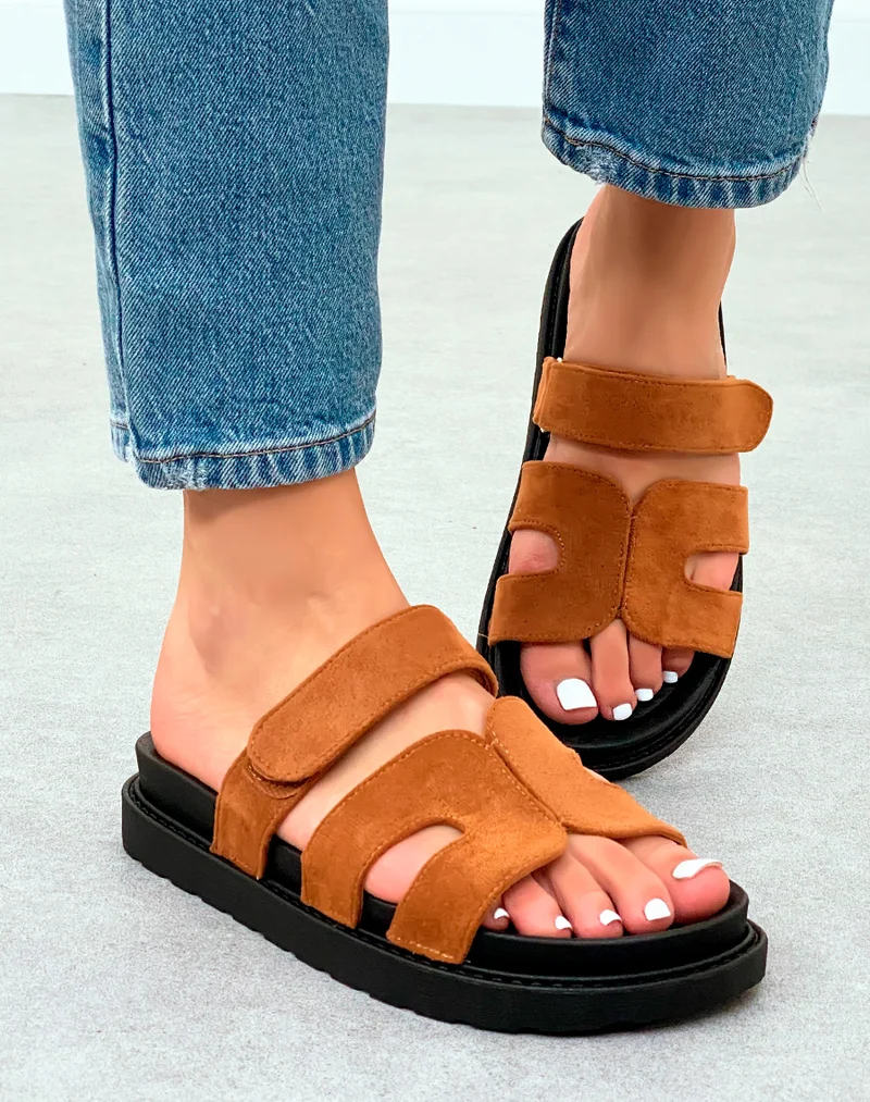 Mules Camel Modernes avec Bride en H et Fermeture Scratch ? Confort Urbain