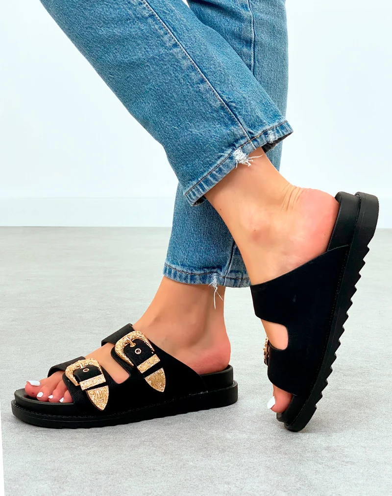 Mules Noires Élégantes avec Sangles et Boucles Dorées – Fusion de Confort et de Luxe