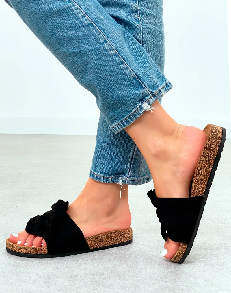Mules en Suédine Noire avec Noeud Décoratif et Semelle Épaisse Marron pour Femme