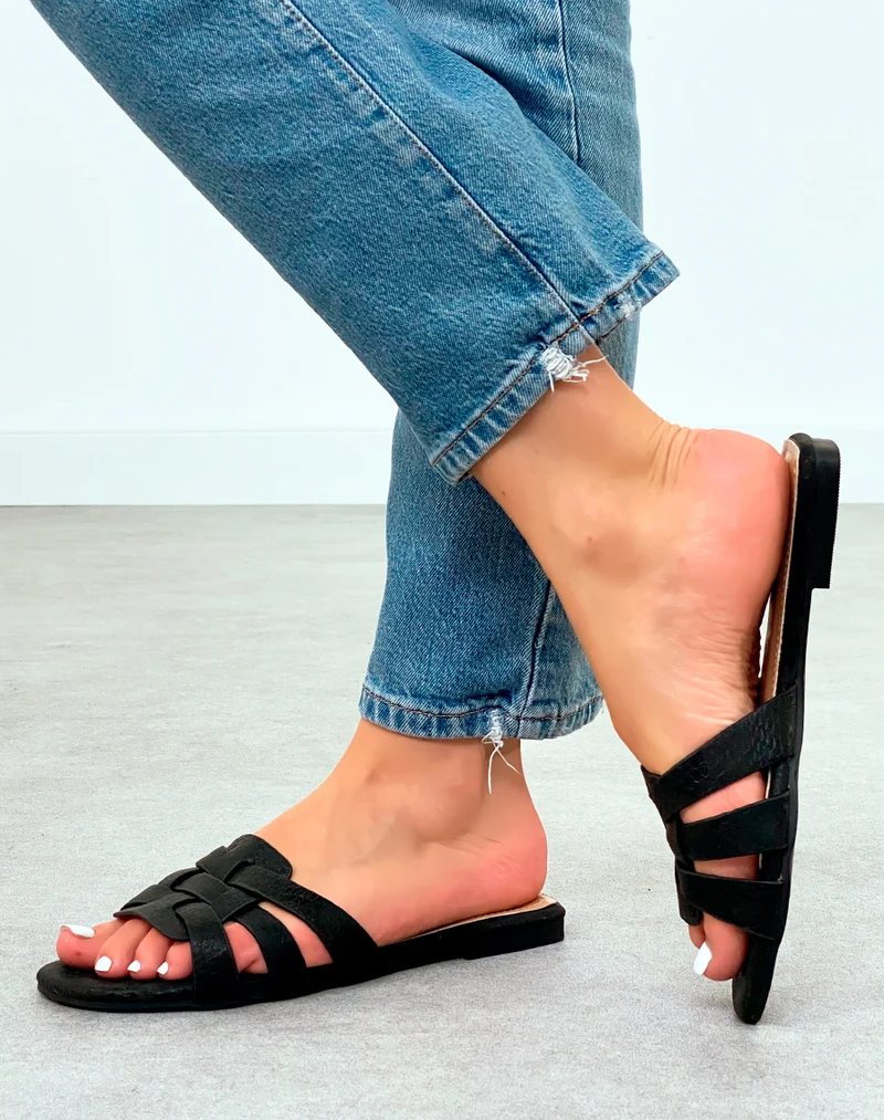 Sandales Mules Femme Noires à Brides Entrecroisées et Effet Croco